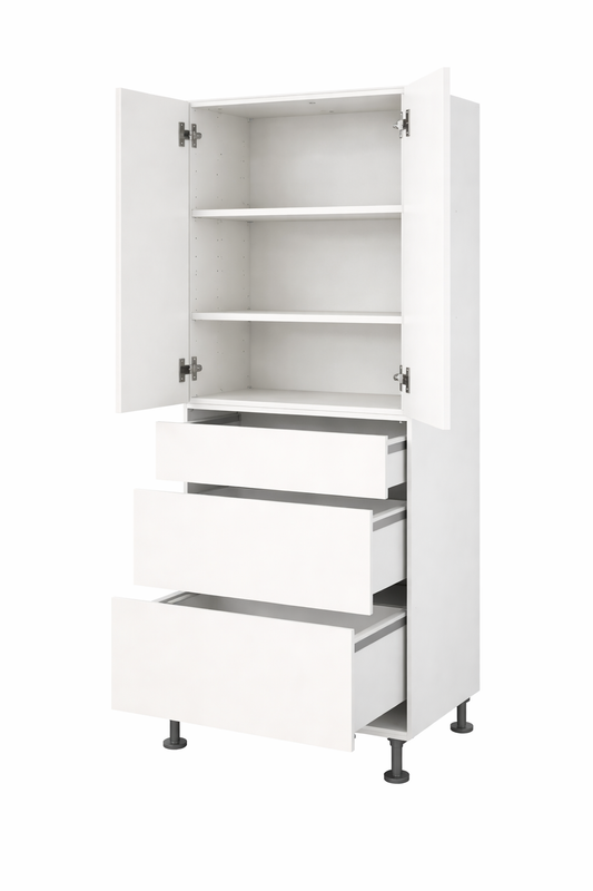 White cabinet with open doors on a white background
