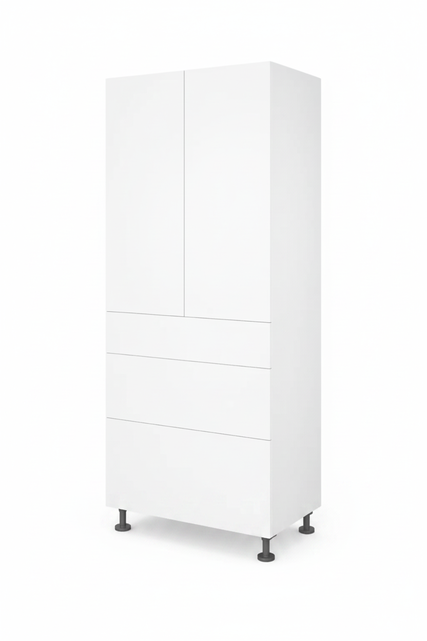 White storage unit with drawers and doors on a white background