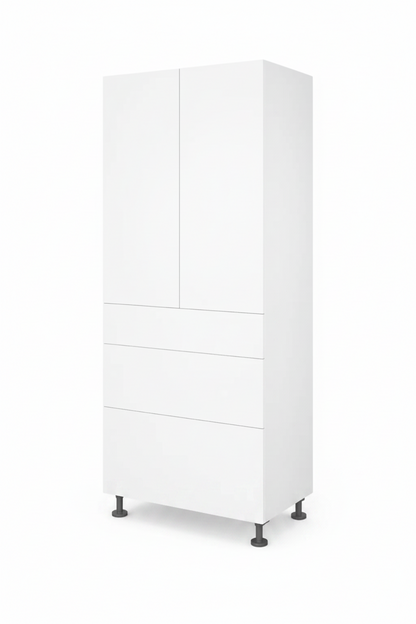 White storage unit with drawers and doors on a white background