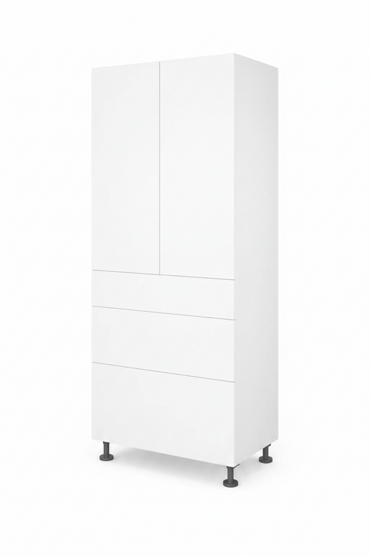 White storage unit with drawers and doors on a white background