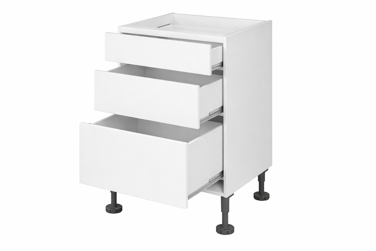 Kitchen Buddy 800mm Kitchen Drawers, 3 Drawers open in White