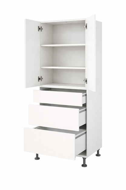 White cabinet with open doors on a white background